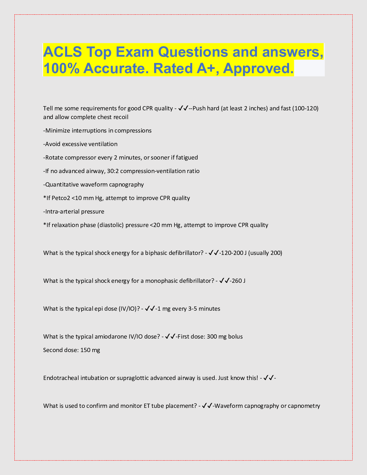 Preview image for ACLS Top Exam Questions and answers,  100% Accurate. Rated A+, Approved.
